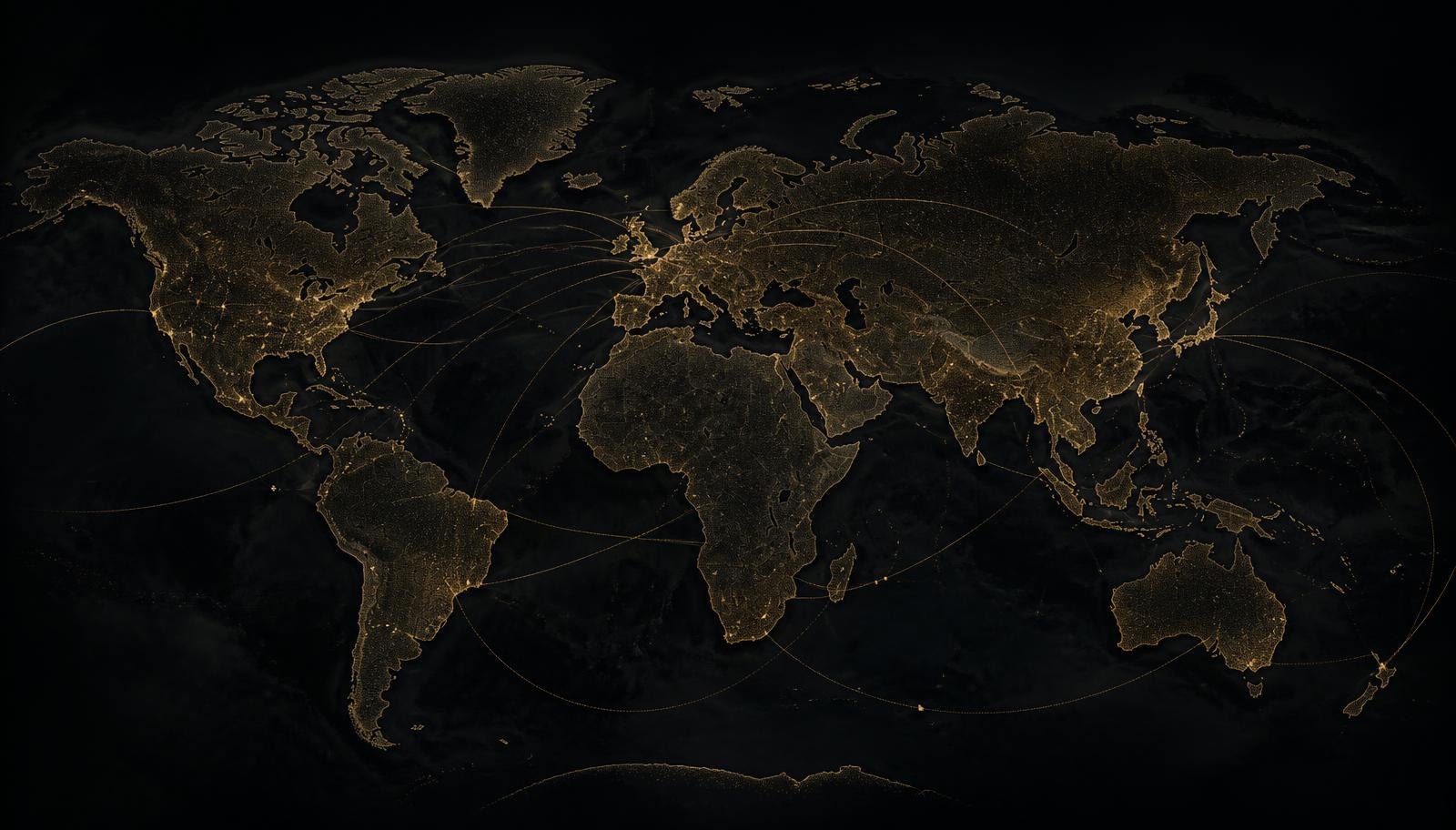 Dark world map rendered in fine antique gold with subtle route lines