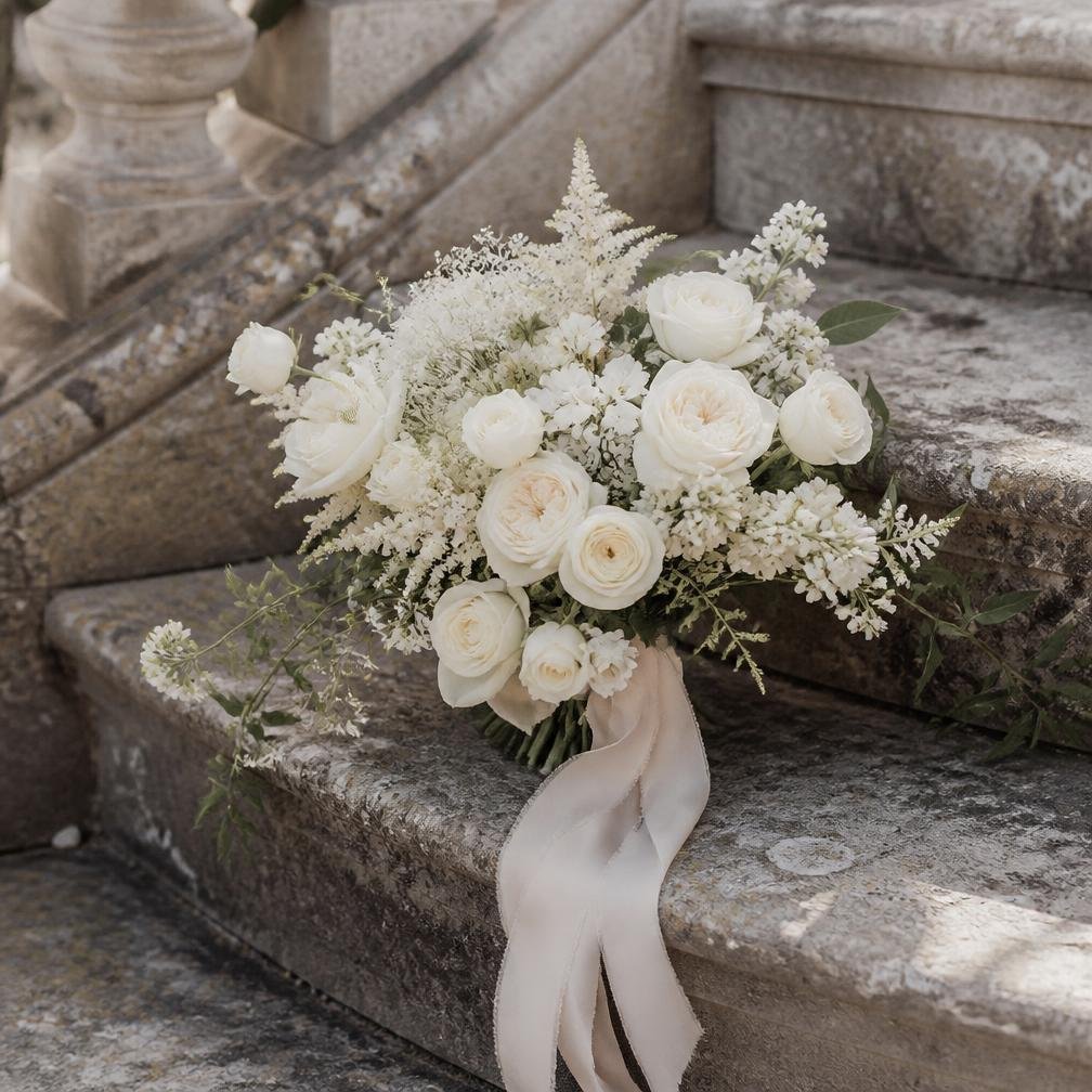Ivory wedding bouquet resting on weathered antique stone steps in soft morning light